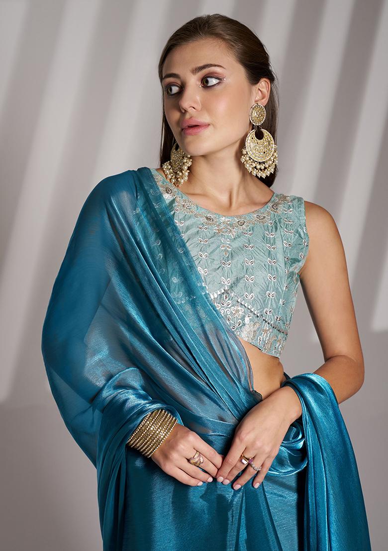 Blue Abstract Print Net Saree Set