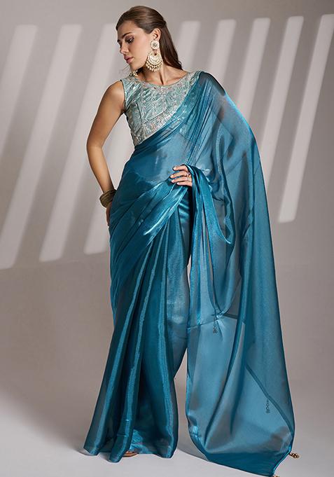 Blue Abstract Print Net Saree Set