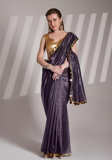 Purple Abstract Print Net Saree Set