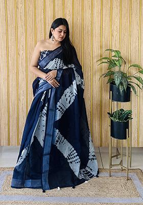 Blue Batik Print Poly Blend Saree Set