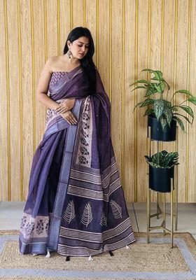 Purple Batik Print Poly Blend Saree Set
