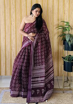 Wine Batik Print Poly Blend Saree Set