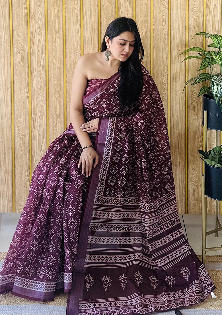 Wine Batik Print Poly Blend Saree Set