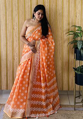 Orange Batik Print Poly Blend Saree Set