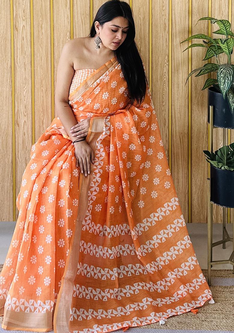 Orange Batik Print Poly Blend Saree Set
