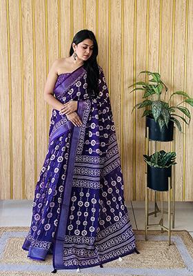 Violet Batik Print Poly Blend Saree Set