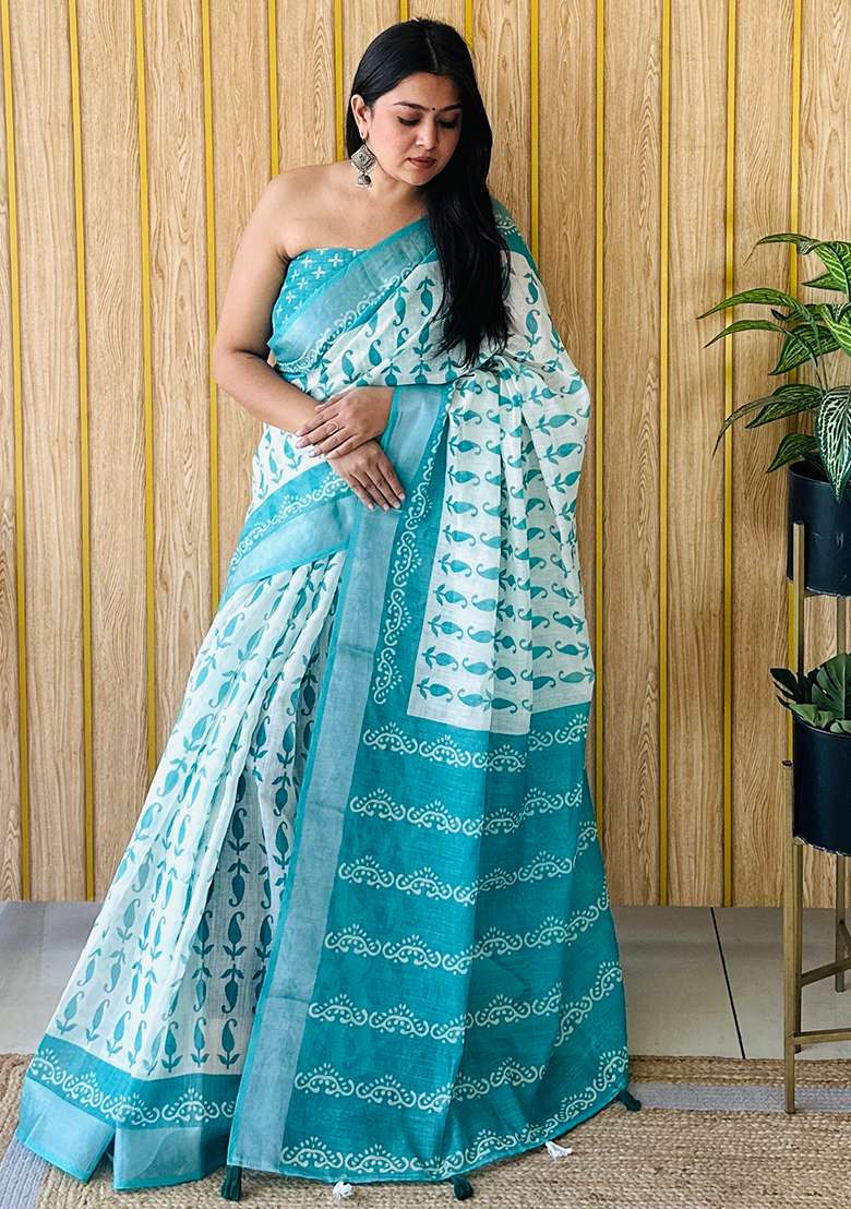Sea Green Batik Print Poly Blend Saree Set - Indya