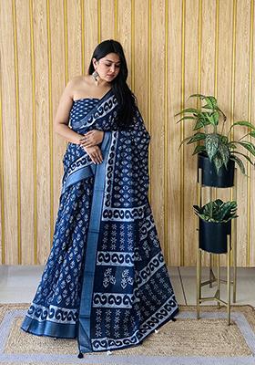 Blue Batik Print Poly Blend Saree Set