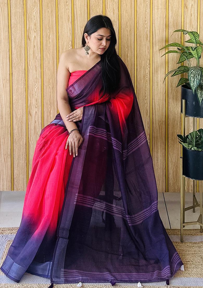 Red Batik Print Poly Blend Saree Set