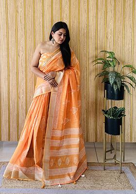 Orange Batik Print Poly Blend Saree Set