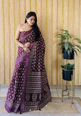 Burgundy Batik Print Poly Blend Saree Set