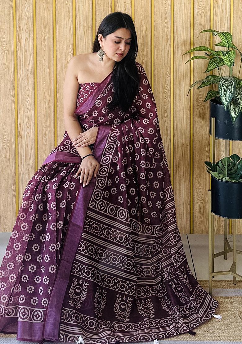 Burgundy Batik Print Poly Blend Saree Set