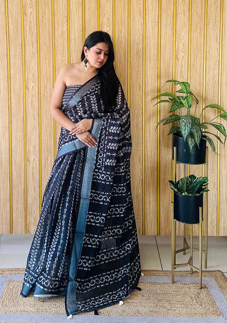 Teal Batik Print Poly Blend Saree Set - Indya