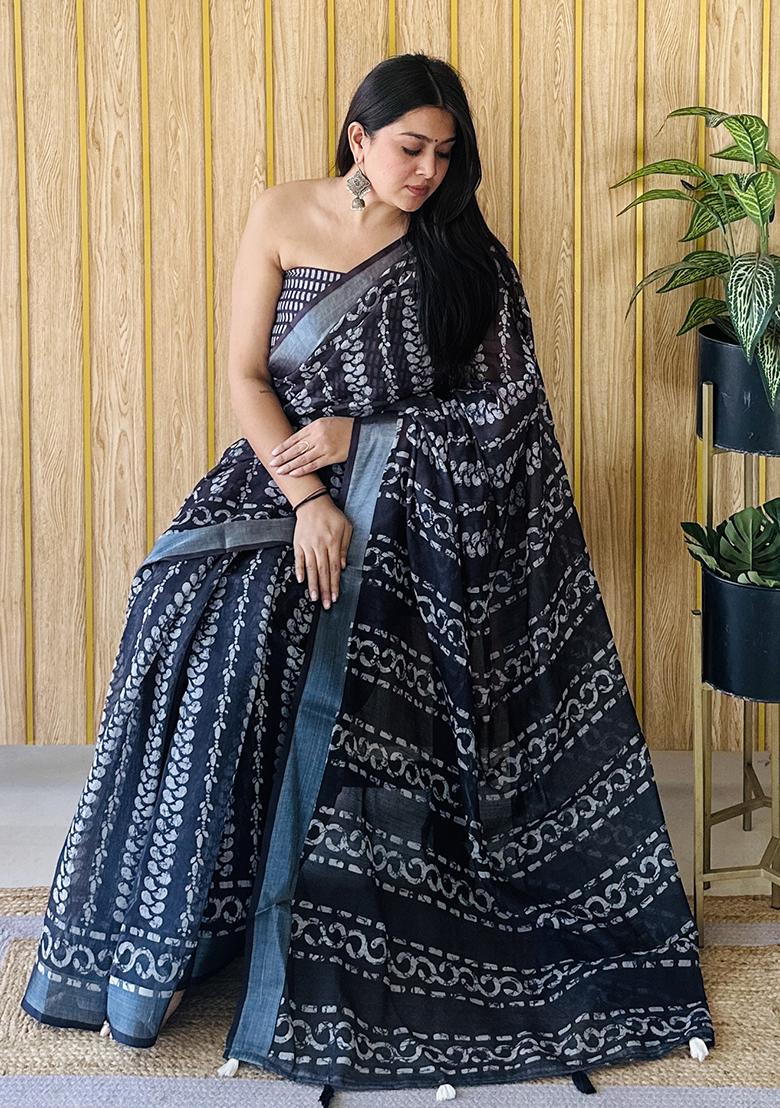 Teal Batik Print Poly Blend Saree Set