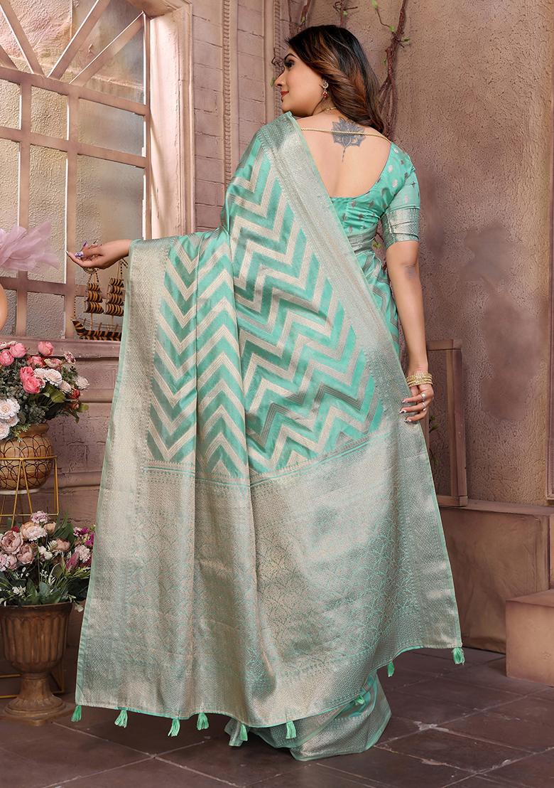 Sea Green Zari Woven Organza Saree Set