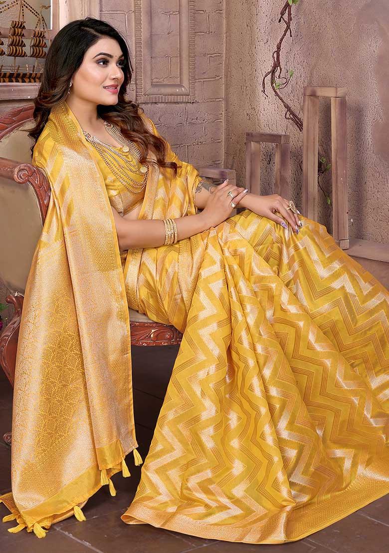 Yellow Zari Woven Organza Saree Set