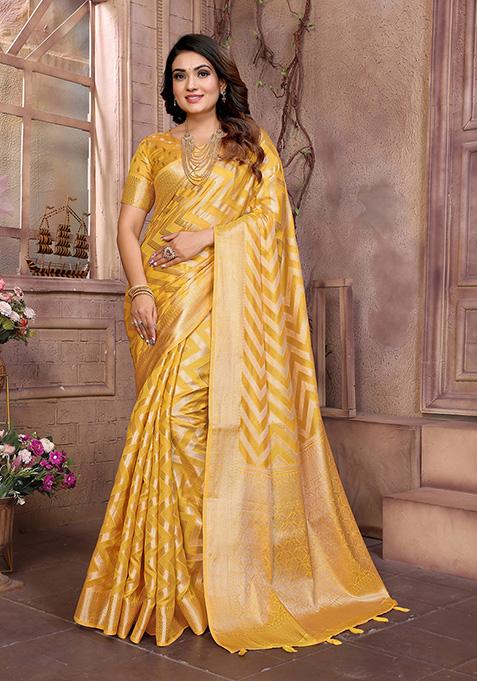 Yellow Zari Woven Organza Saree Set
