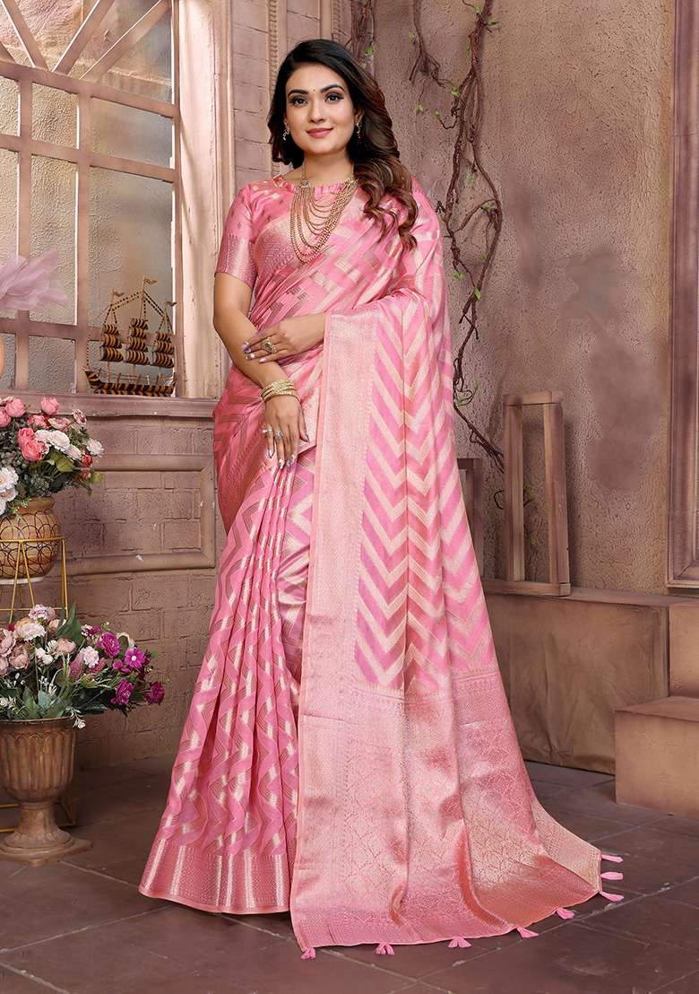 Pink Zari Woven Organza Saree Set - Indya