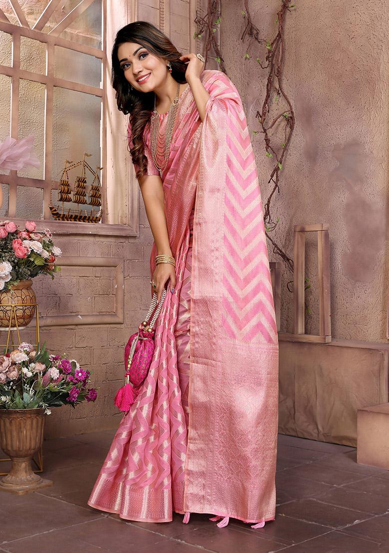 Pink Zari Woven Organza Saree Set