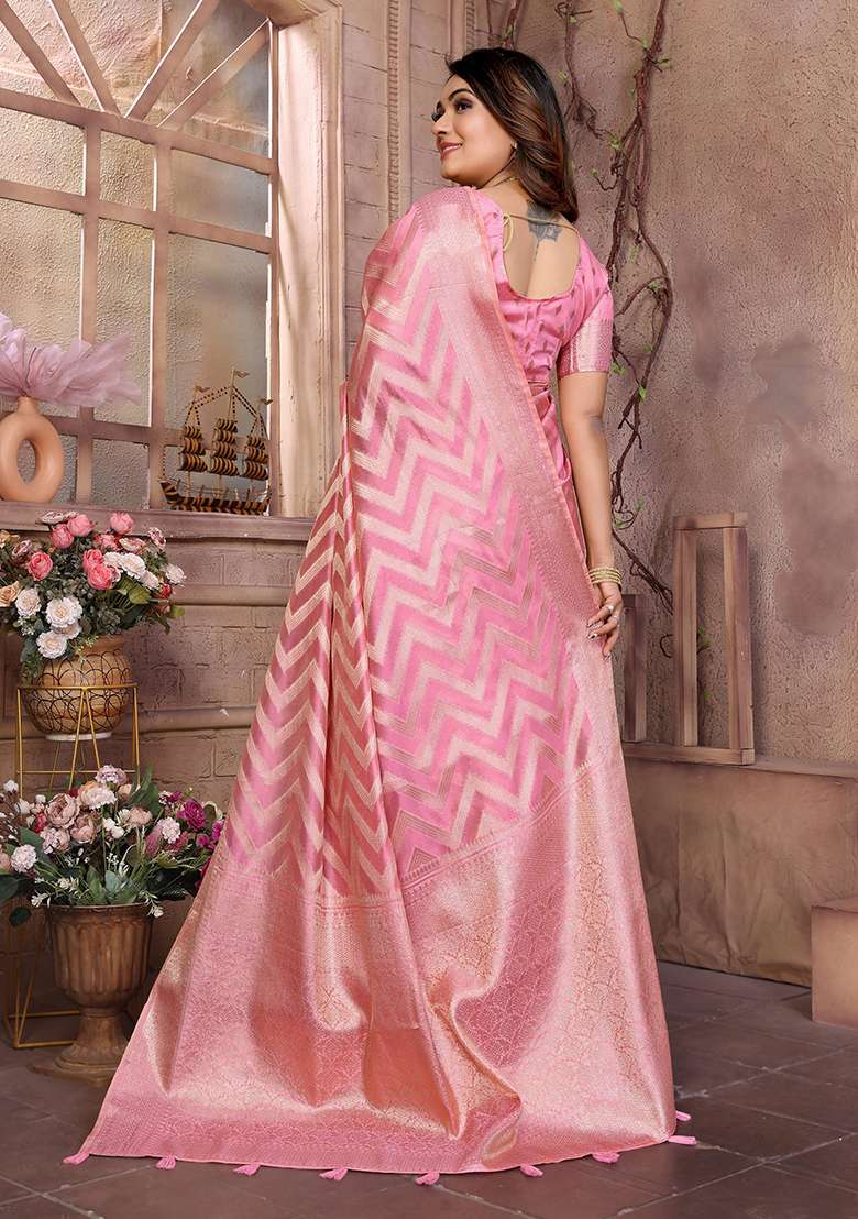 Pink Zari Woven Organza Saree Set - Indya