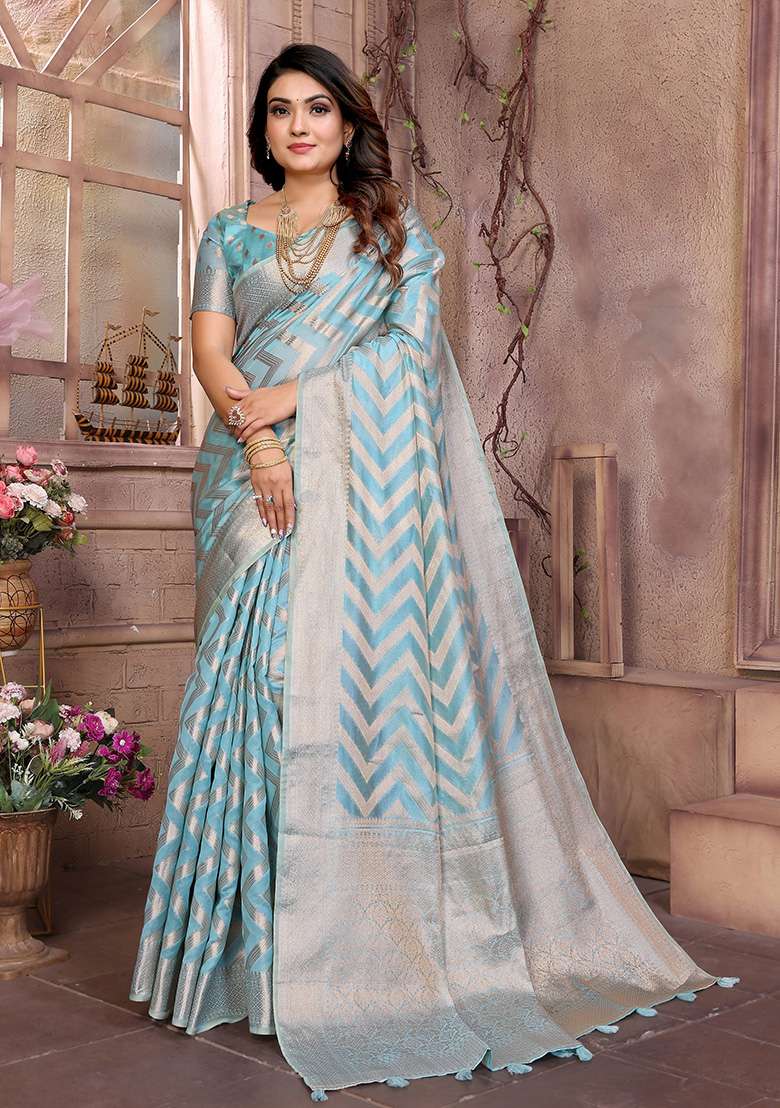 Sky Blue Zari Woven Organza Saree Set - Indya