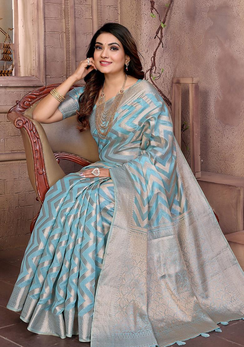 Sky Blue Zari Woven Organza Saree Set
