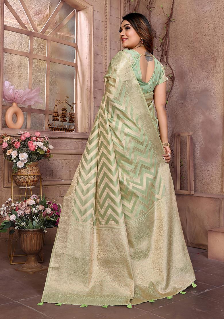 Green Zari Woven Organza Saree Set