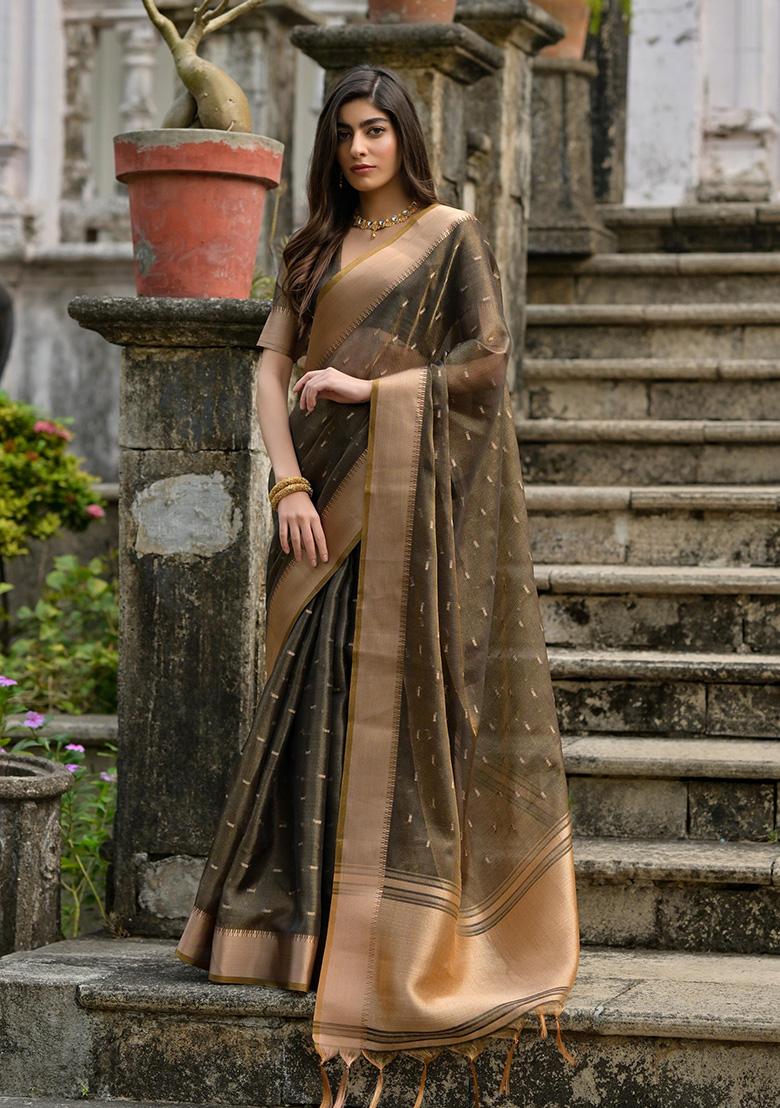 Brown Zari Woven Silk Saree Set