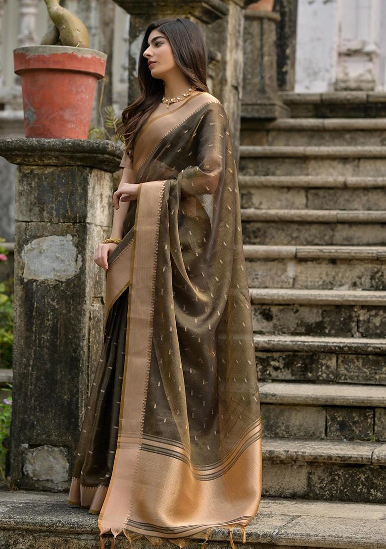 Brown Zari Woven Silk Saree Set