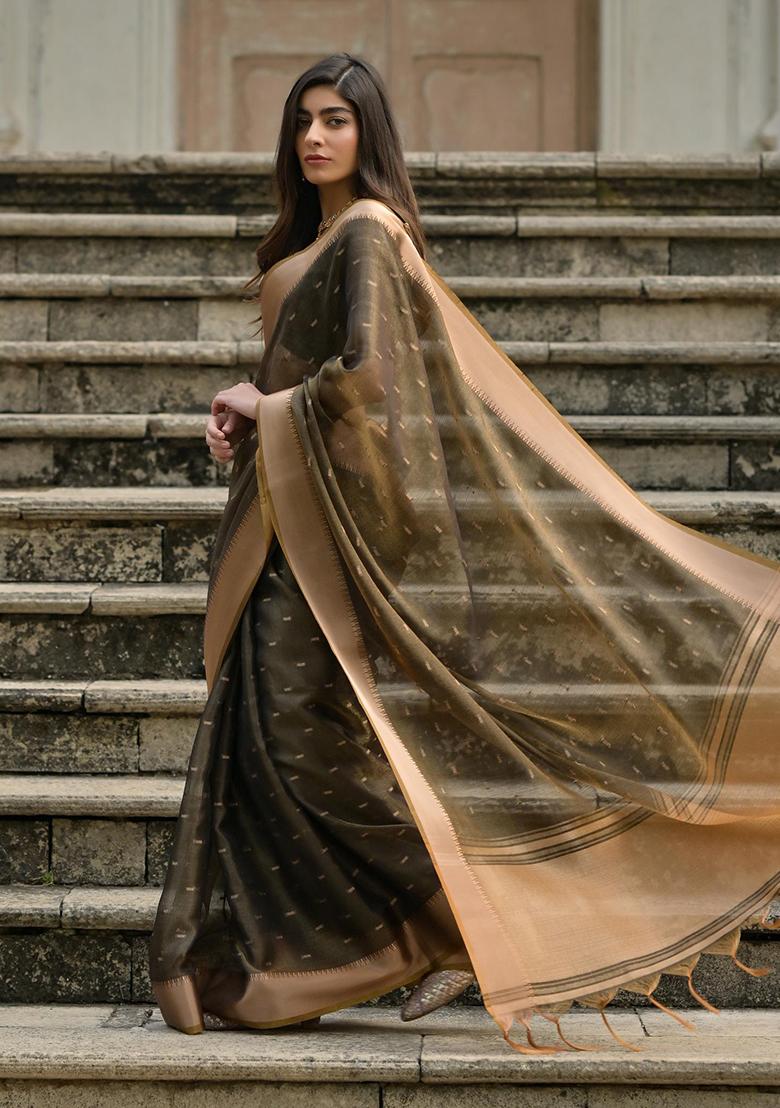 Brown Zari Woven Silk Saree Set