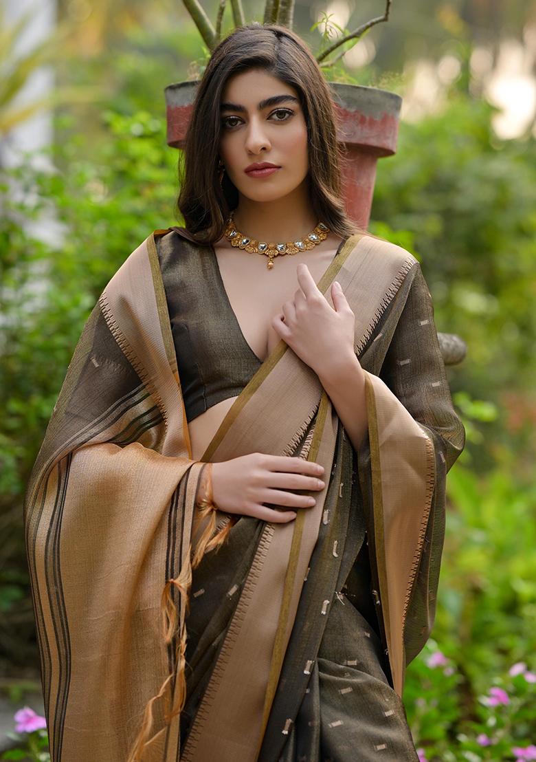 Brown Zari Woven Silk Saree Set
