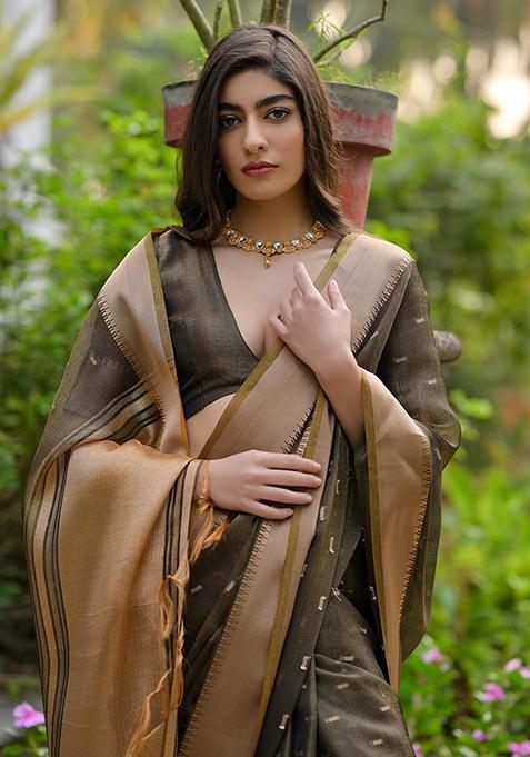 Brown Zari Woven Silk Saree Set