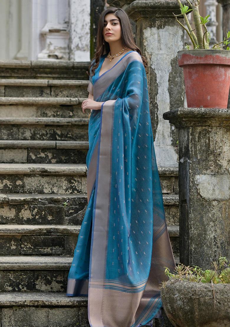 Blue Zari Woven Silk Saree Set