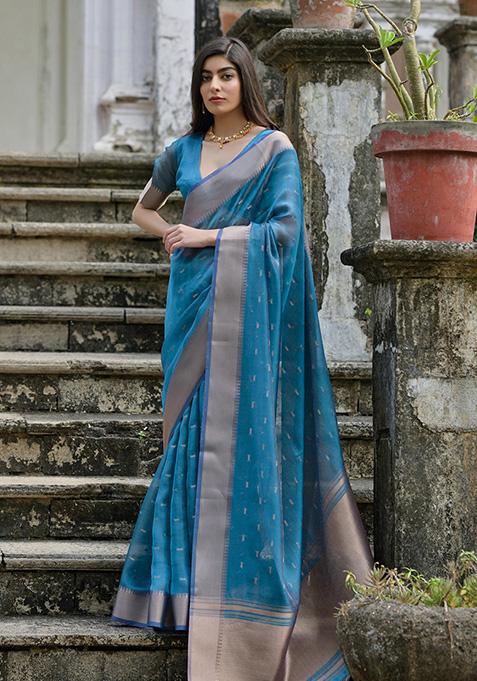 Blue Zari Woven Silk Saree Set