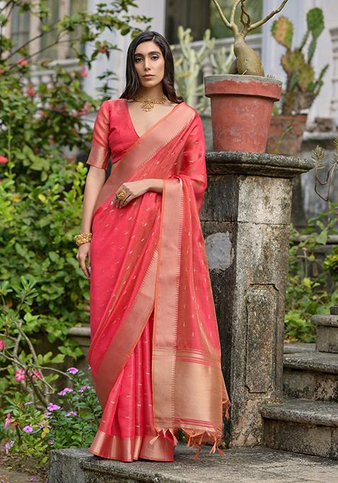 Red Zari Woven Silk Saree Set
