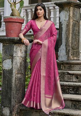 Pink Zari Woven Silk Saree Set