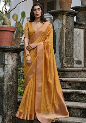 Mustard Zari Woven Silk Saree Set