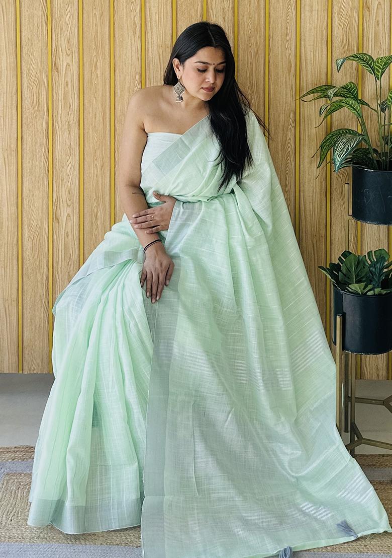 Sea Green Zari Woven Poly Blend Saree Set