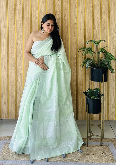 Sea Green Zari Woven Poly Blend Saree Set