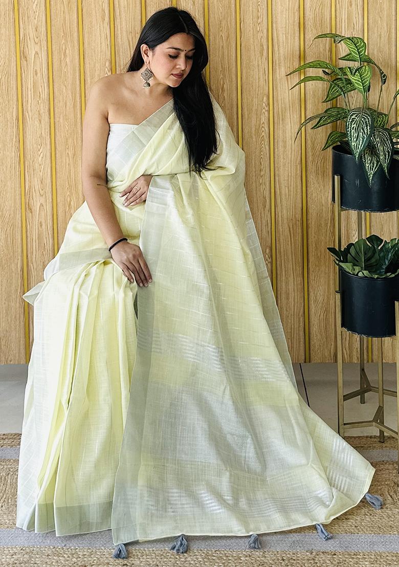 Yellow Zari Woven Poly Blend Saree Set