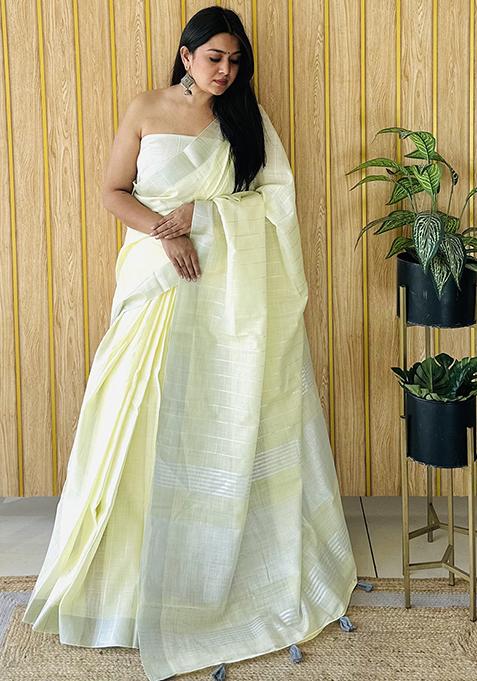 Yellow Zari Woven Poly Blend Saree Set