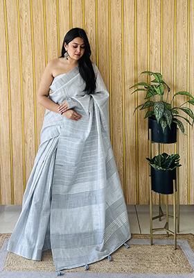 Grey Zari Woven Poly Blend Saree Set
