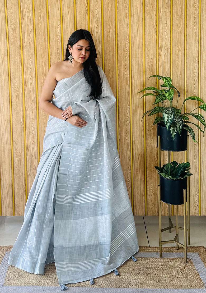 Grey Zari Woven Poly Blend Saree Set - Indya