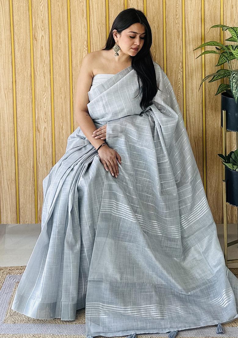 Grey Zari Woven Poly Blend Saree Set