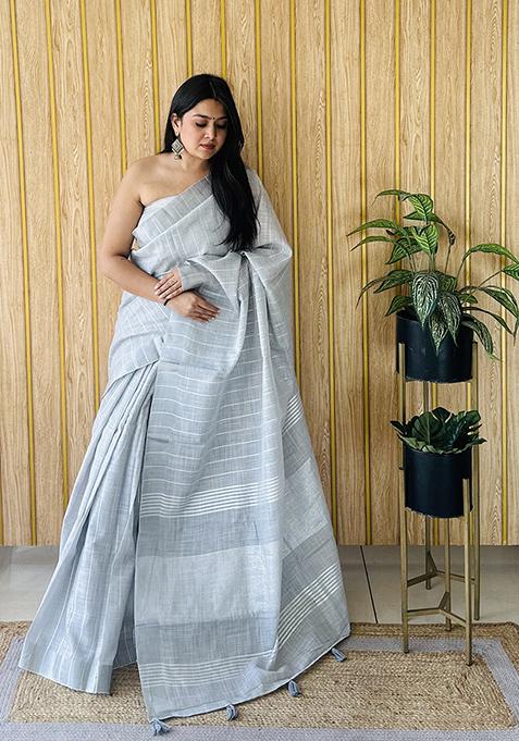 Grey Zari Woven Poly Blend Saree Set