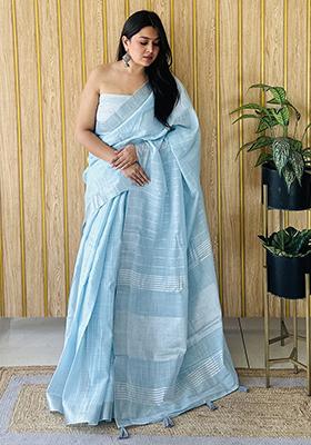 Sky Blue Zari Woven Poly Blend Saree Set