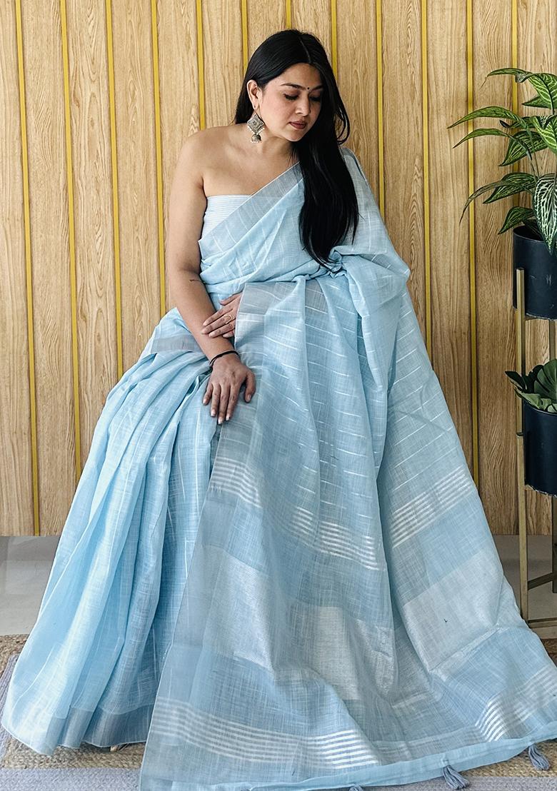 Sky Blue Zari Woven Poly Blend Saree Set