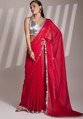Red Abstract Print Art Silk Saree Set