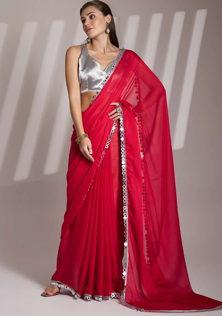 Red Abstract Print Art Silk Saree Set - Indya