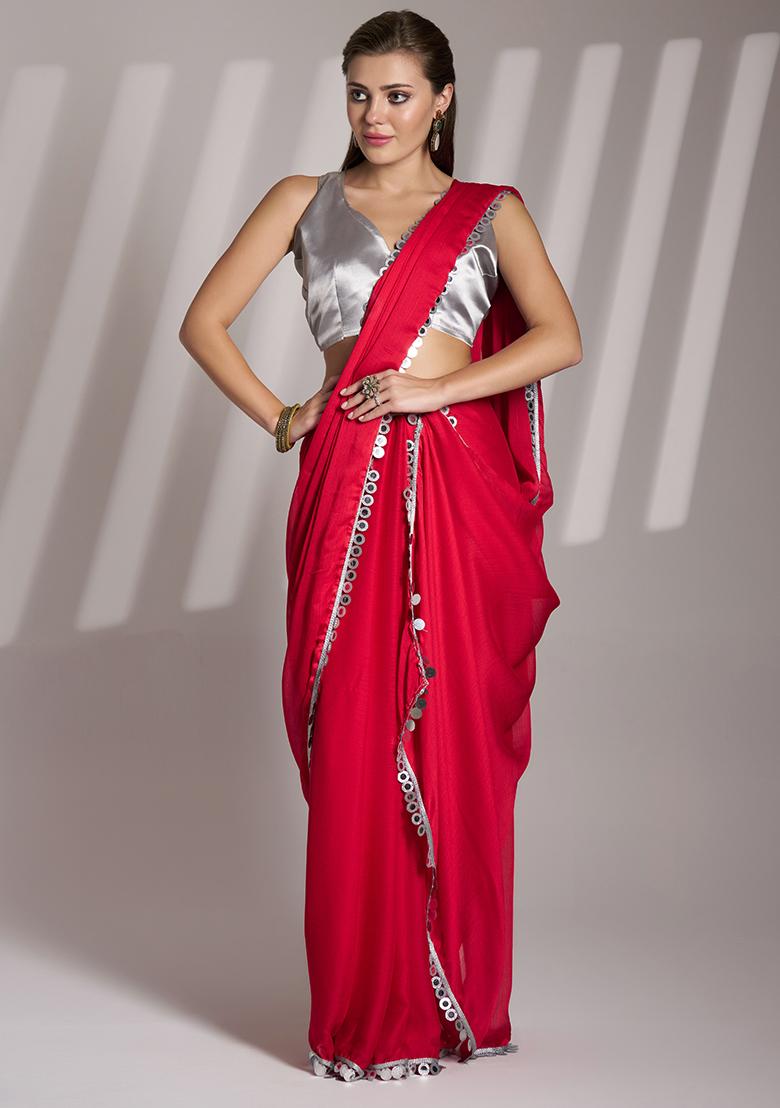 Red Abstract Print Art Silk Saree Set